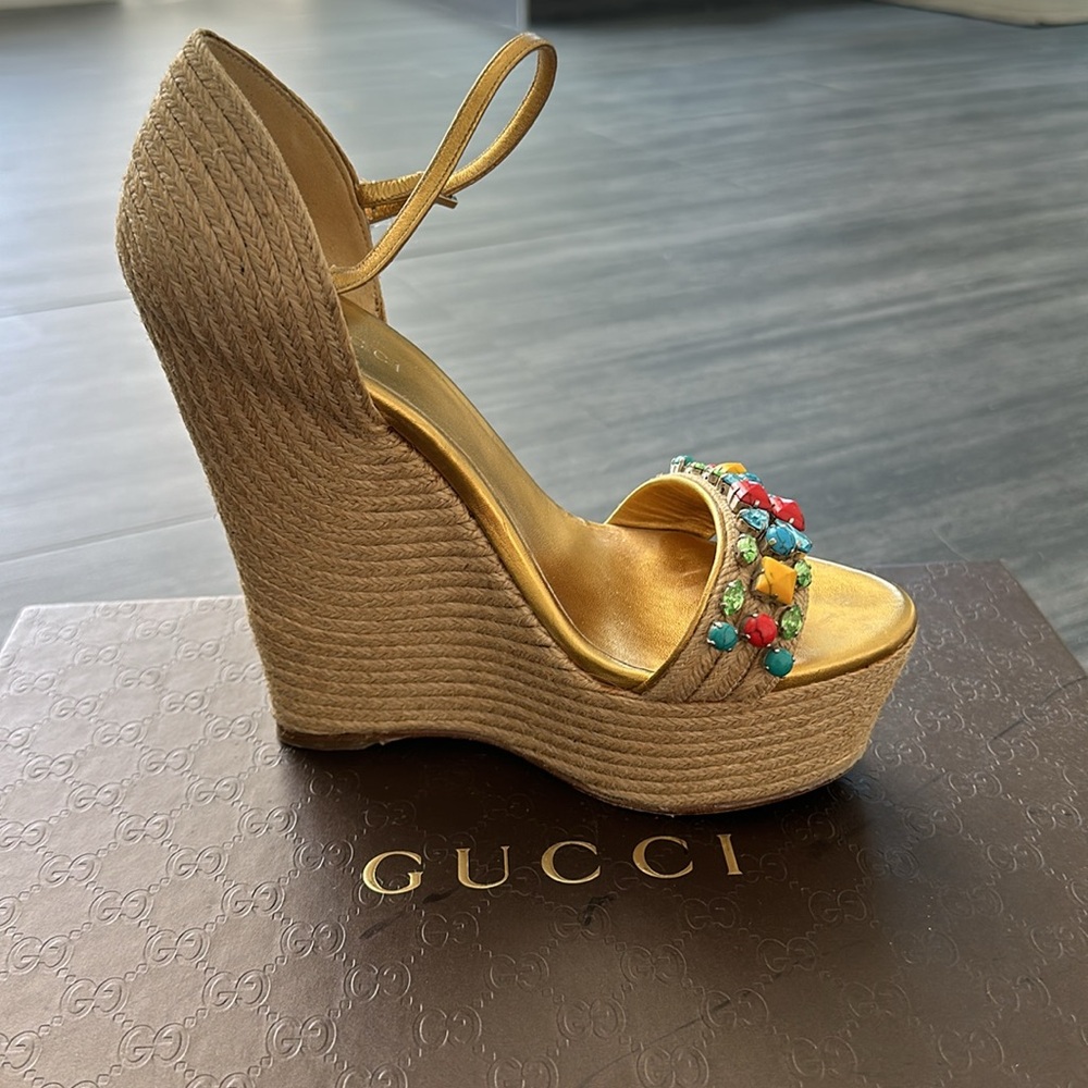 Gucci Haxio Multi gem Gold Espadrille wedge.